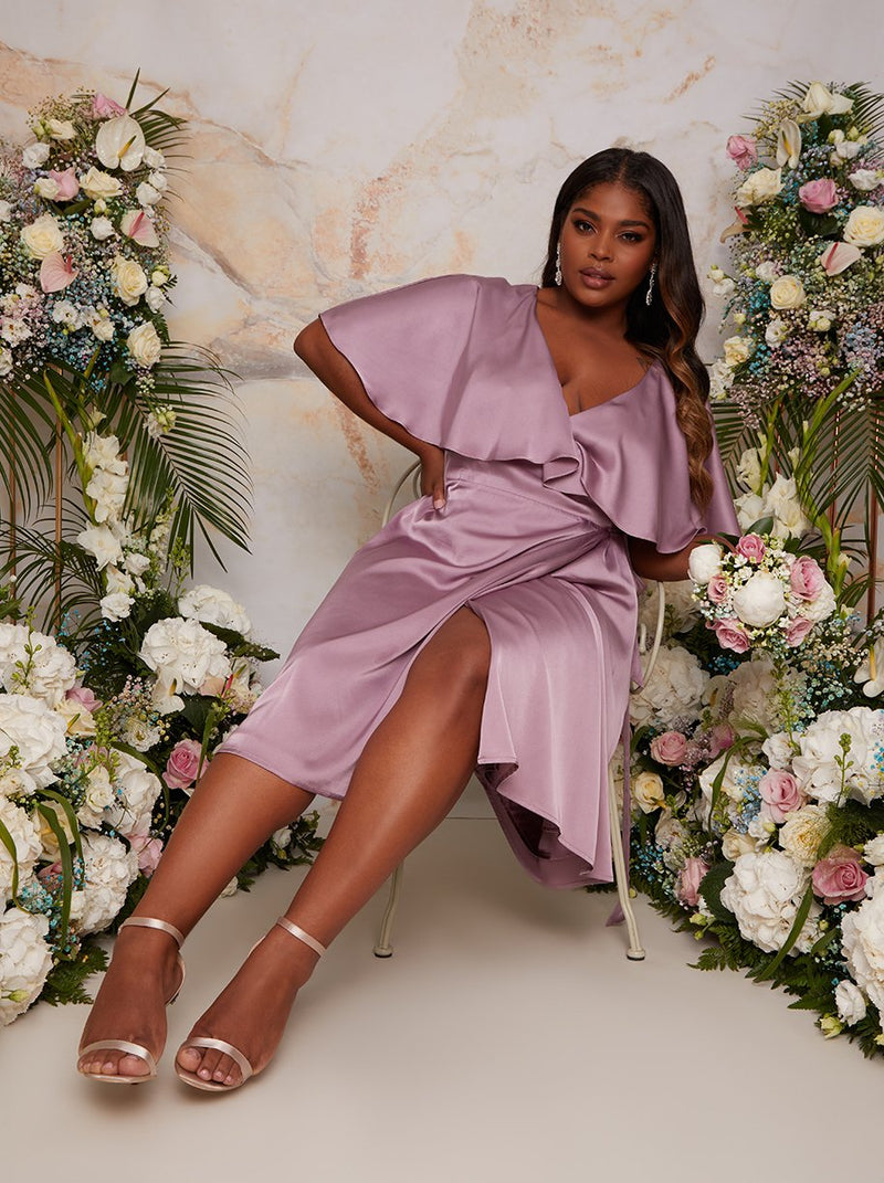 Plus Size Angel Sleeve Wrap Design Bridesmaid Midi Dress in Lilac