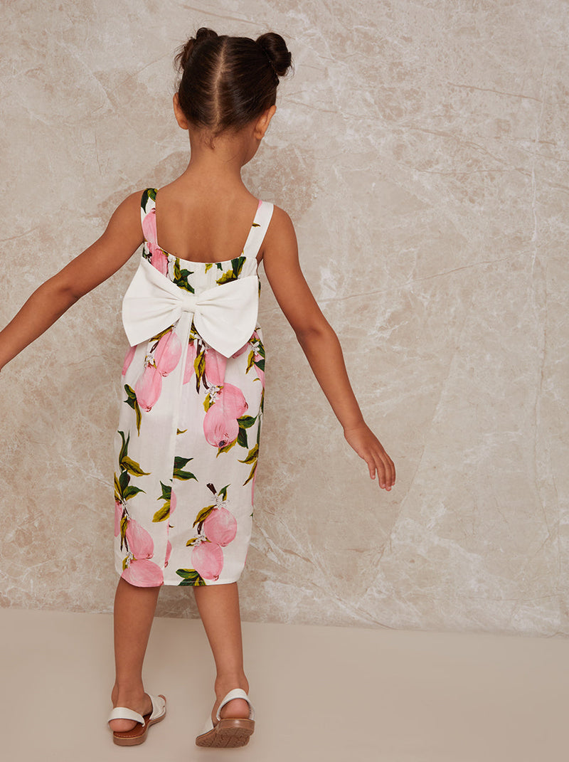 Girls Fruit Print Midi Dress with Bow Back in White
