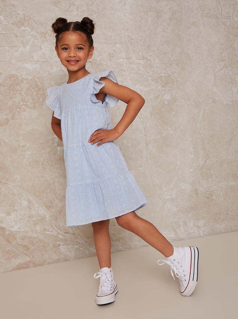Girls Tiered Broderie Smock Dress in Blue