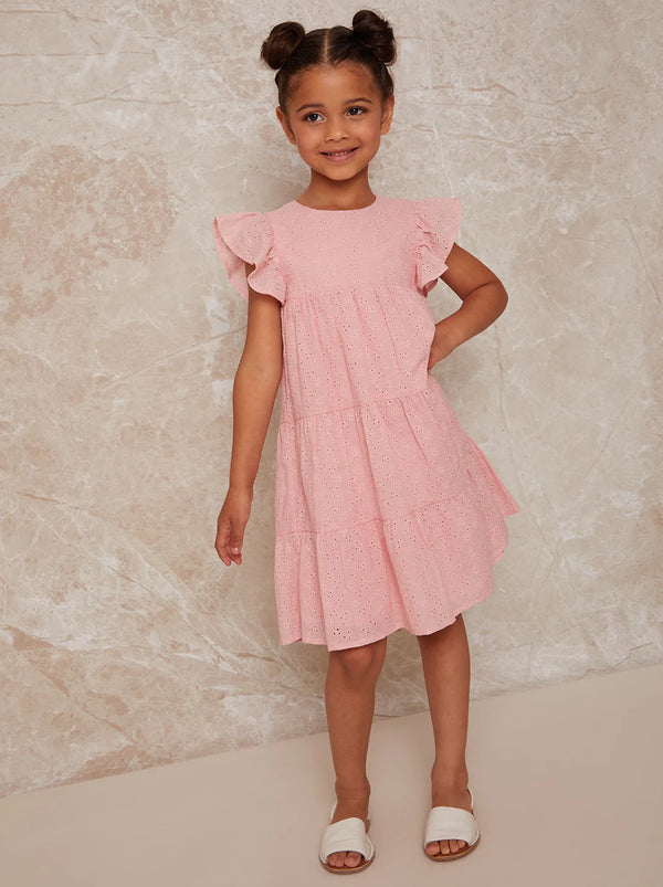 Girls Tiered Broderie Smock Dress in Pink