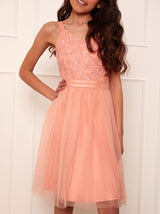 Older Girls Embroidered Lace Tulle Midi Dress in Coral