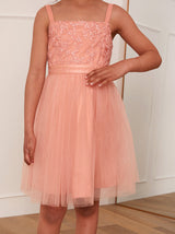 Younger Girls Embroidered Lace Tulle Midi Dress in Coral