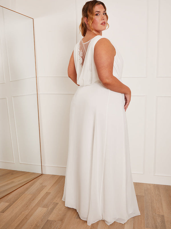Plus Size V Neck Drape Maxi Wedding Dress in White