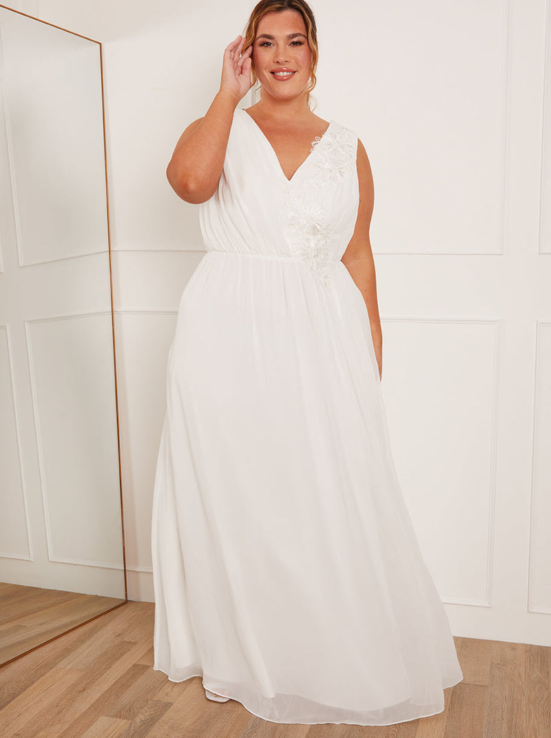 Plus Size V Neck Drape Maxi Wedding Dress in White