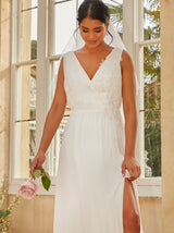 V Neck Drape Maxi Wedding Dress in White