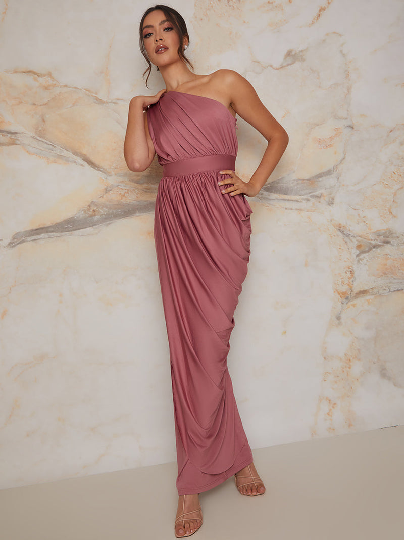 One Shoulder Drape Style Maxi Dress in Pink – Chi Chi London US
