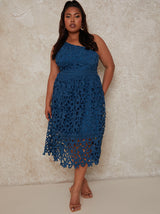 Plus Size One-Shoulder Premium Lace Midi Dress in Blue