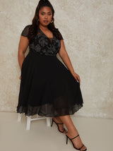 Plus Size V Neck Cap Sleeve Embroidered Midi Dress in Black