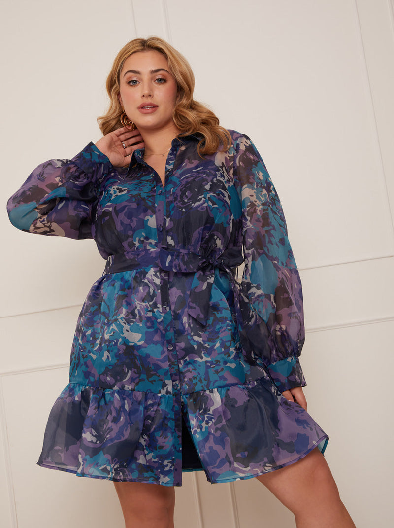 Plus Size Long Sleeve Abstract Print Midi Dress in Blue