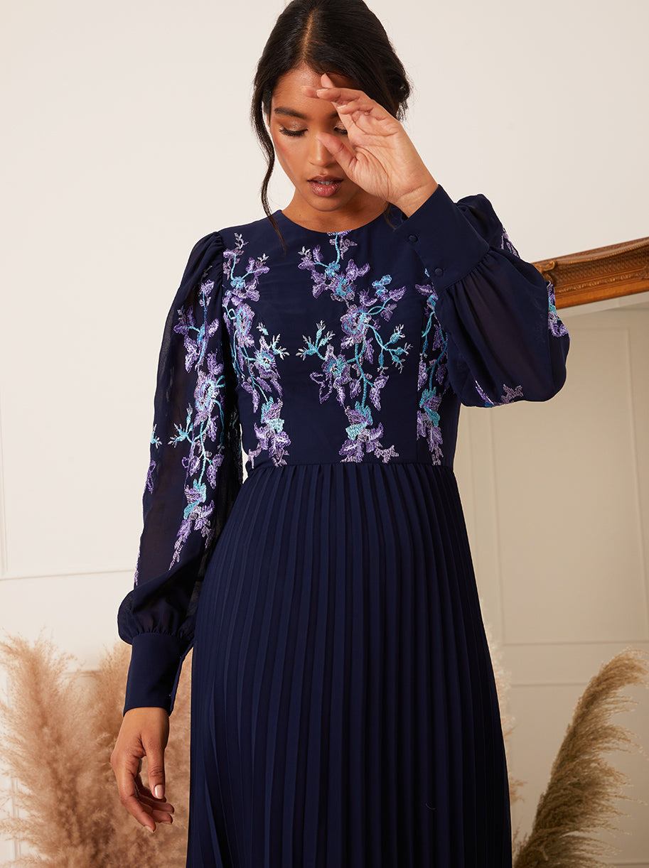 Floral Embroidered Pleated Midi Dress In Navy Chi Chi London Us 0060