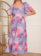 Petite Floral Printed Midi Dress in Purple