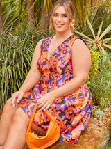 Plus Size V Neck Floral Abstract Midi Dress in Navy