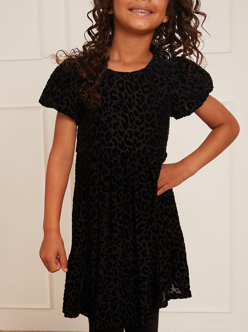 Younger Girls Animal Devoré Midi Dress in Black