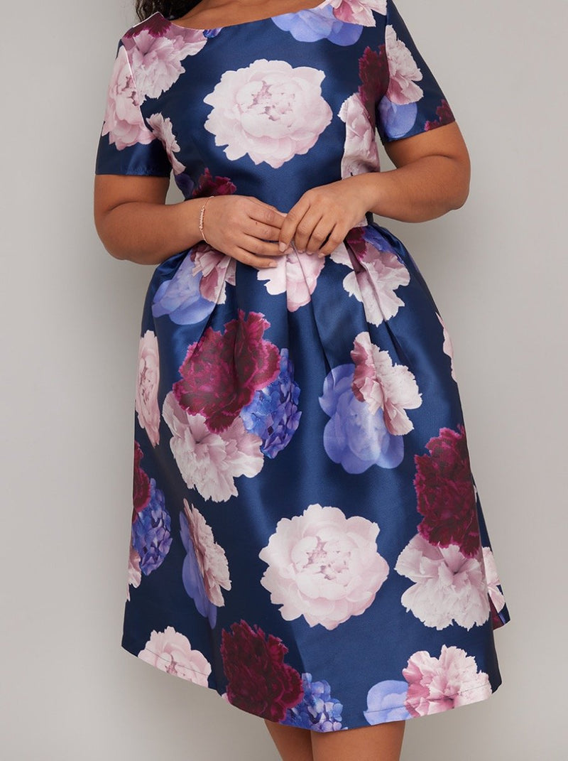 Plus Size Bold Floral Midi Dress in Blue
