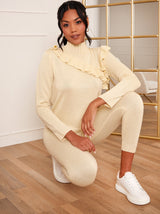 2 Piece Ruffle Detail Loungewear Set in Cream