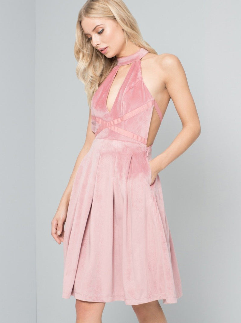 Halter Dress Open Back Velveteen Midi Dress in Pink