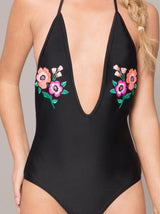 Floral Embroidered Halter Swimsuit in Black