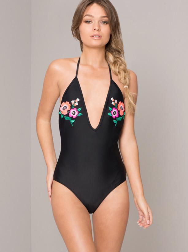 Floral Embroidered Halter Swimsuit in Black