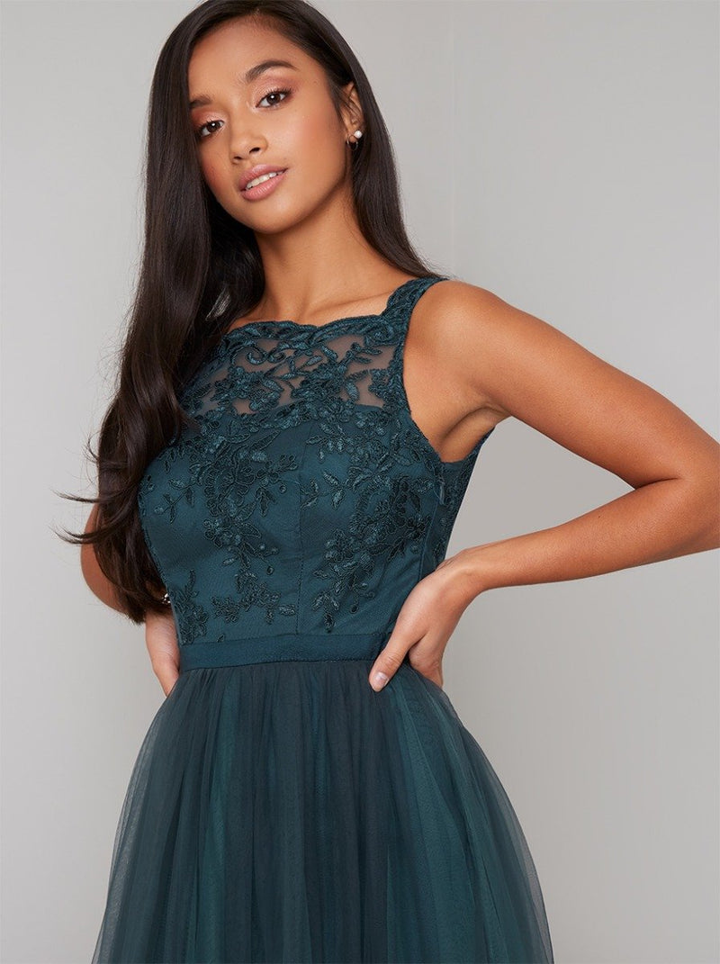 Petite Lace Bodice Tulle Maxi Dress in Green