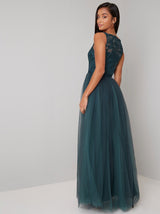 Petite Lace Bodice Tulle Maxi Dress in Green