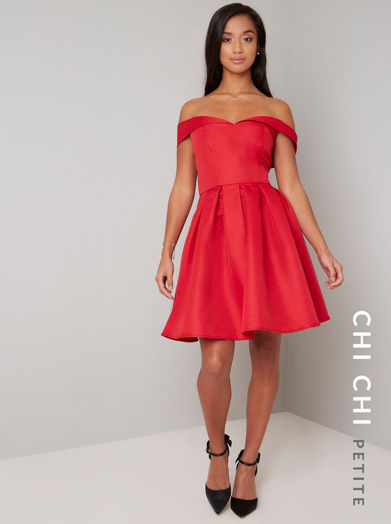 Petite Fold-Over Bardot Mini Dress in Red
