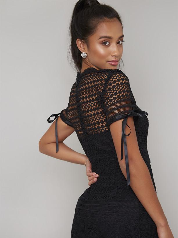 Petite Crochet Tie Detail Frill Hem Dress in Black