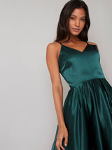 Cami Strap Silky Midi Dress in Green