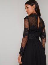 Lace Bodice Sheer Sleeved Midi Dress in Black