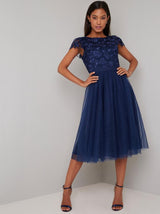 Embroidered Bodice Cap Sleeved Midi Dress in Blue