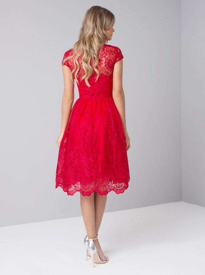 Cap Sleeve Baroque Embroidered Midi Dress in Red