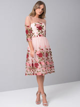 Floral Embroidered Sheer Sleeved Midi Dress in Pink