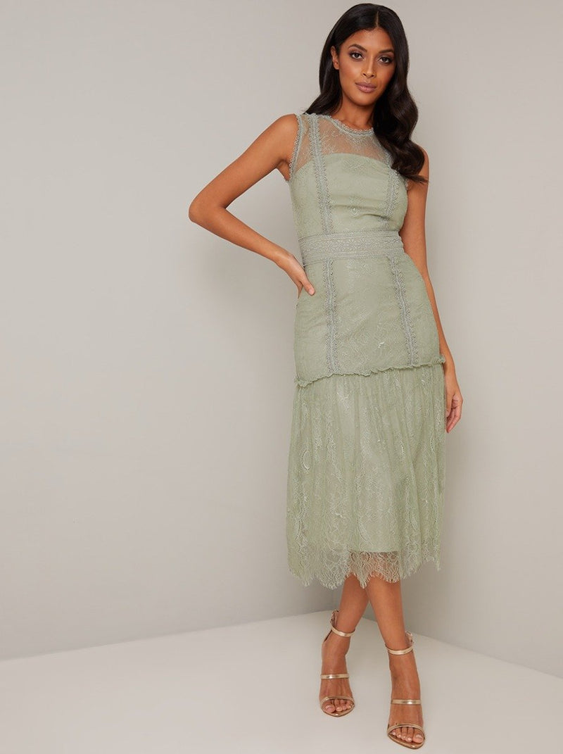 Vintage Look Lace Panelled Midi Dress in Green