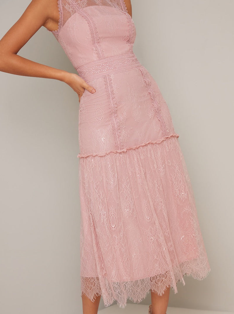 Lace Design Drop Hem Midi Dress in Pink