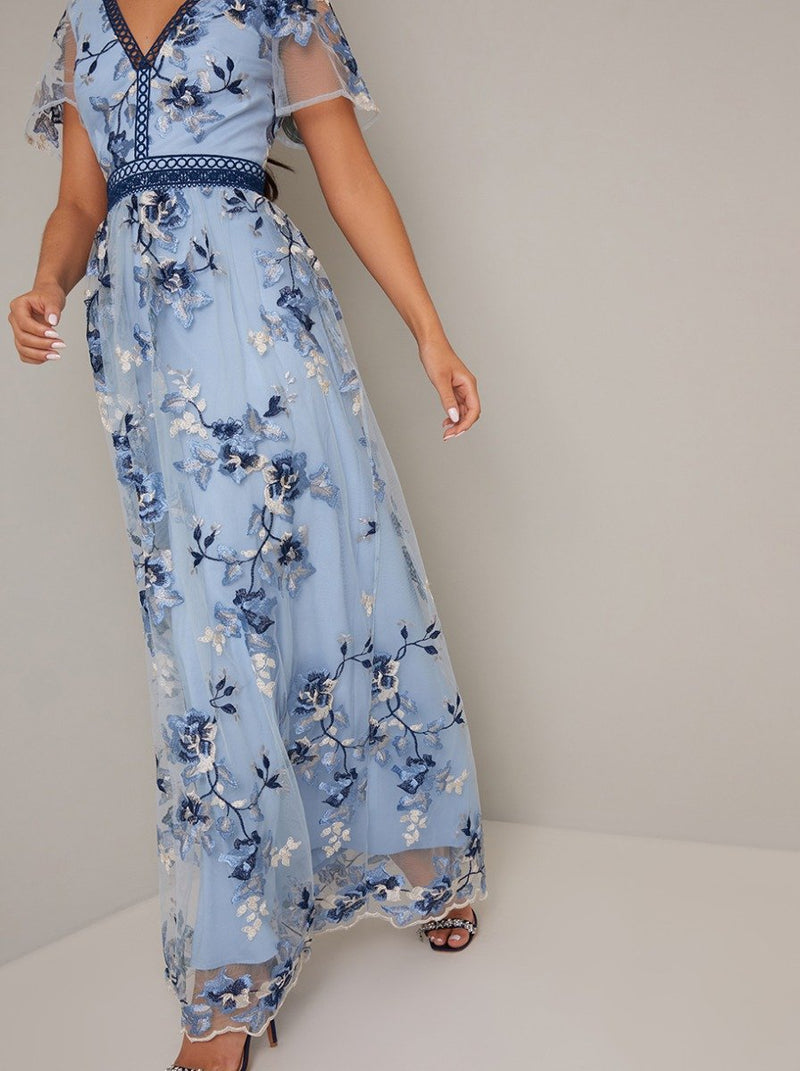 Embroidered Floral Sheer Sleeved Maxi Dress in Blue