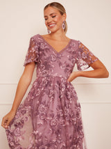V Neck Embroidered Midi Dress in Purple