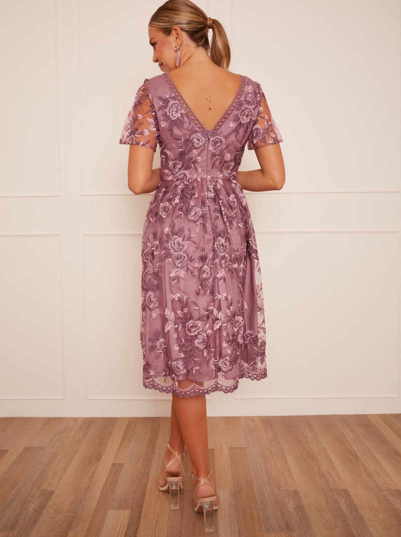 V Neck Embroidered Midi Dress in Purple