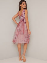 Floral Print V Neck Tulle Skirt Midi Dress in Pink
