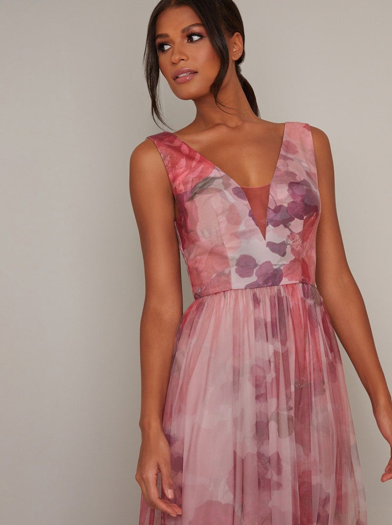 Floral Print V Neck Maxi Dress in Pink