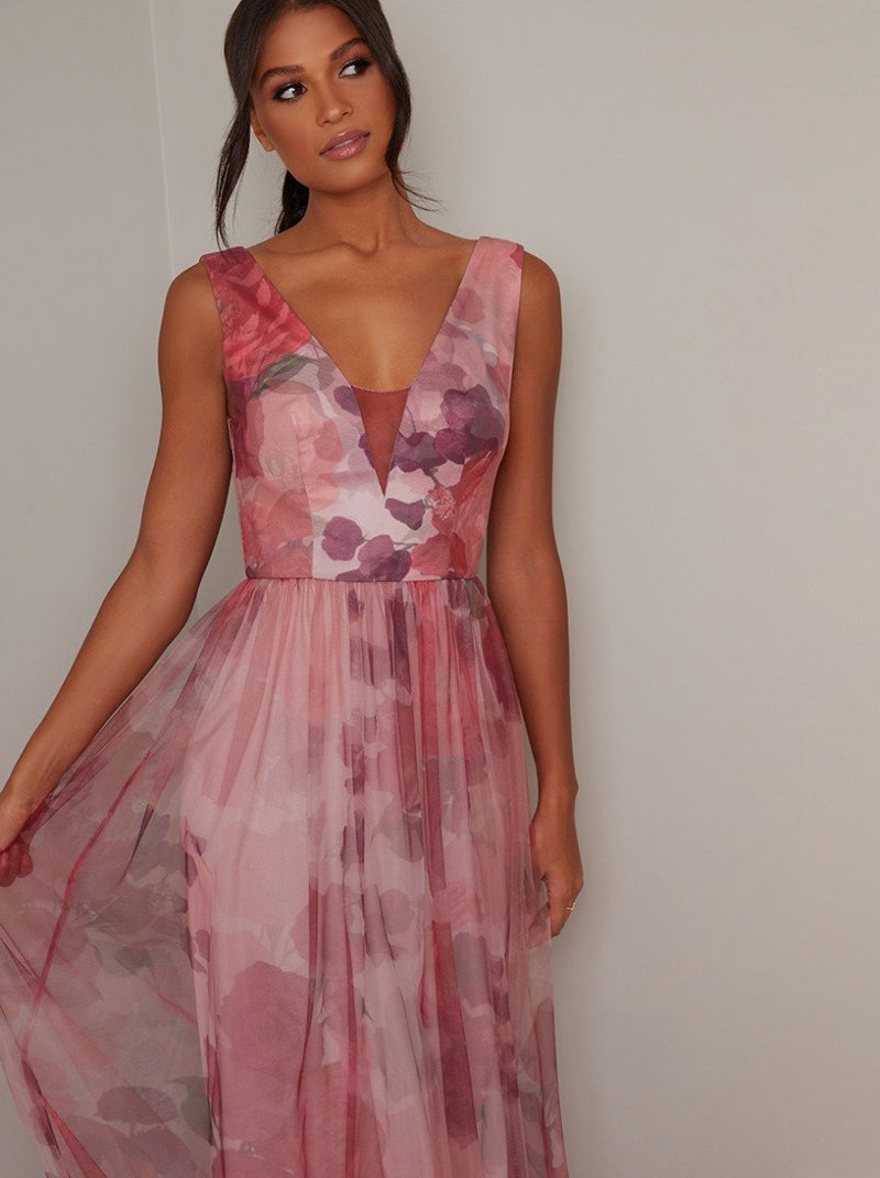 Floral Print V Neck Maxi Dress in Pink