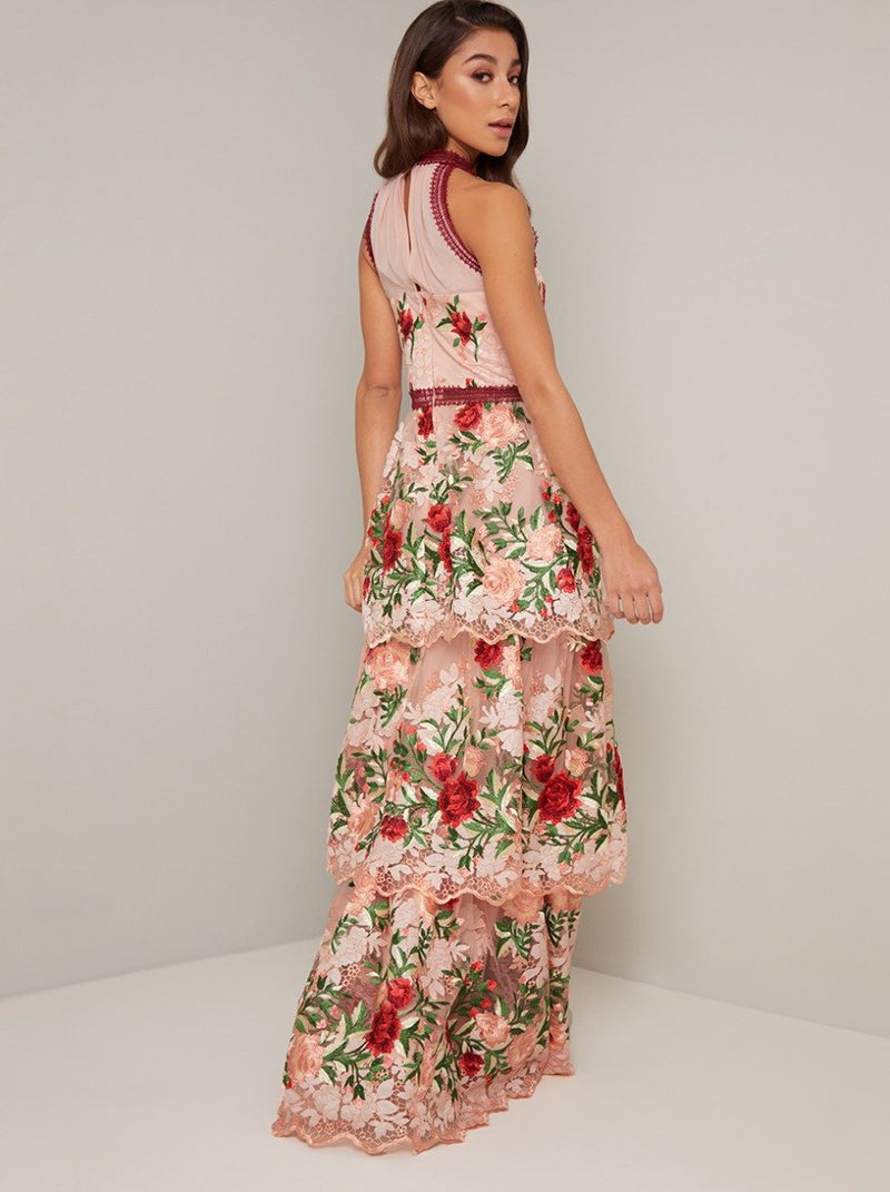 Halter Style Premium Lace Maxi Dress in Pink