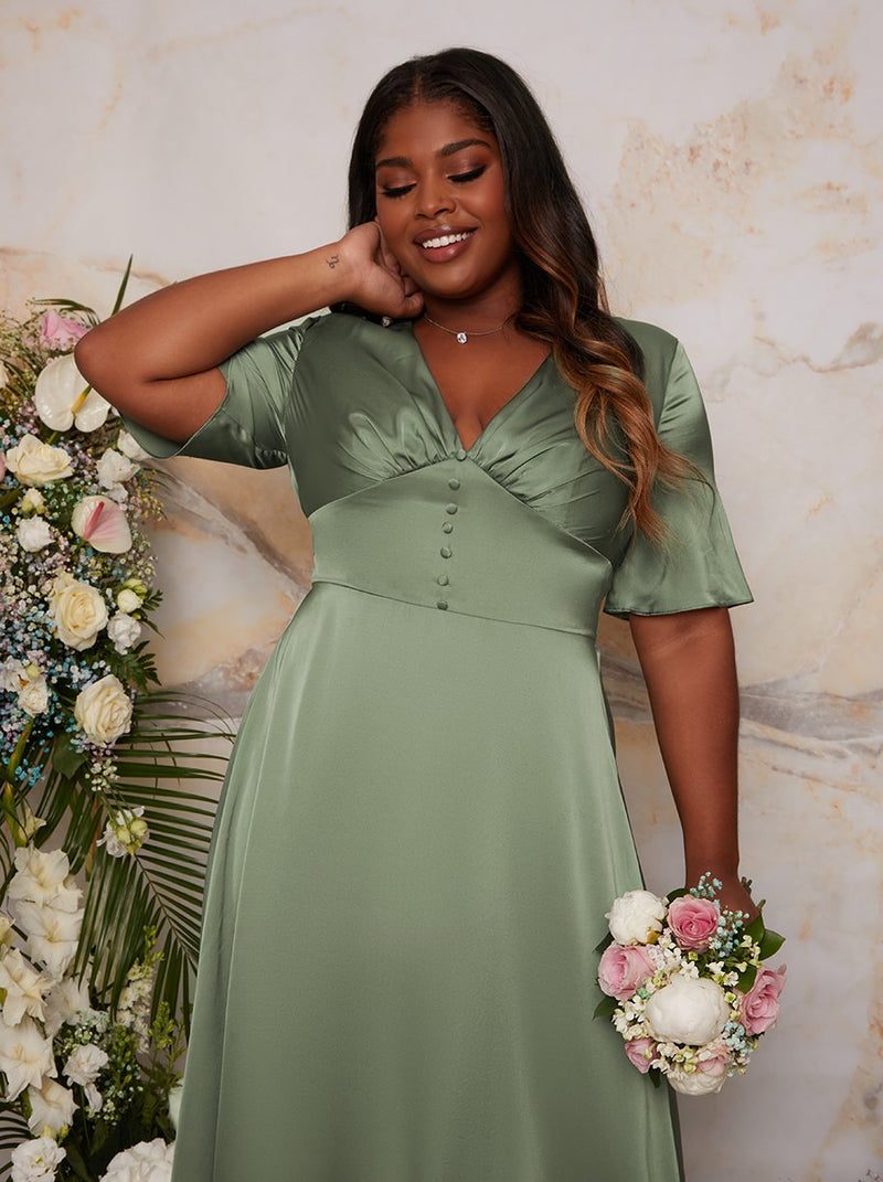 Plus Size Flutter Sleeve V Neck Satin Bridesmaid Maxi Dress in Green