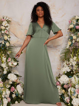 Flutter Sleeve V Neck Satin Bridesmaid Maxi Dress in Green