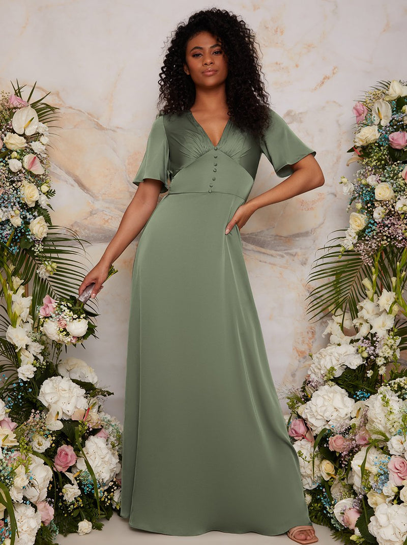 Flutter Sleeve V Neck Satin Bridesmaid Maxi Dress in Green