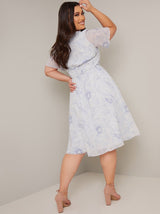 Plus Size Floral Day Dress with Chiffon Sleeve in White