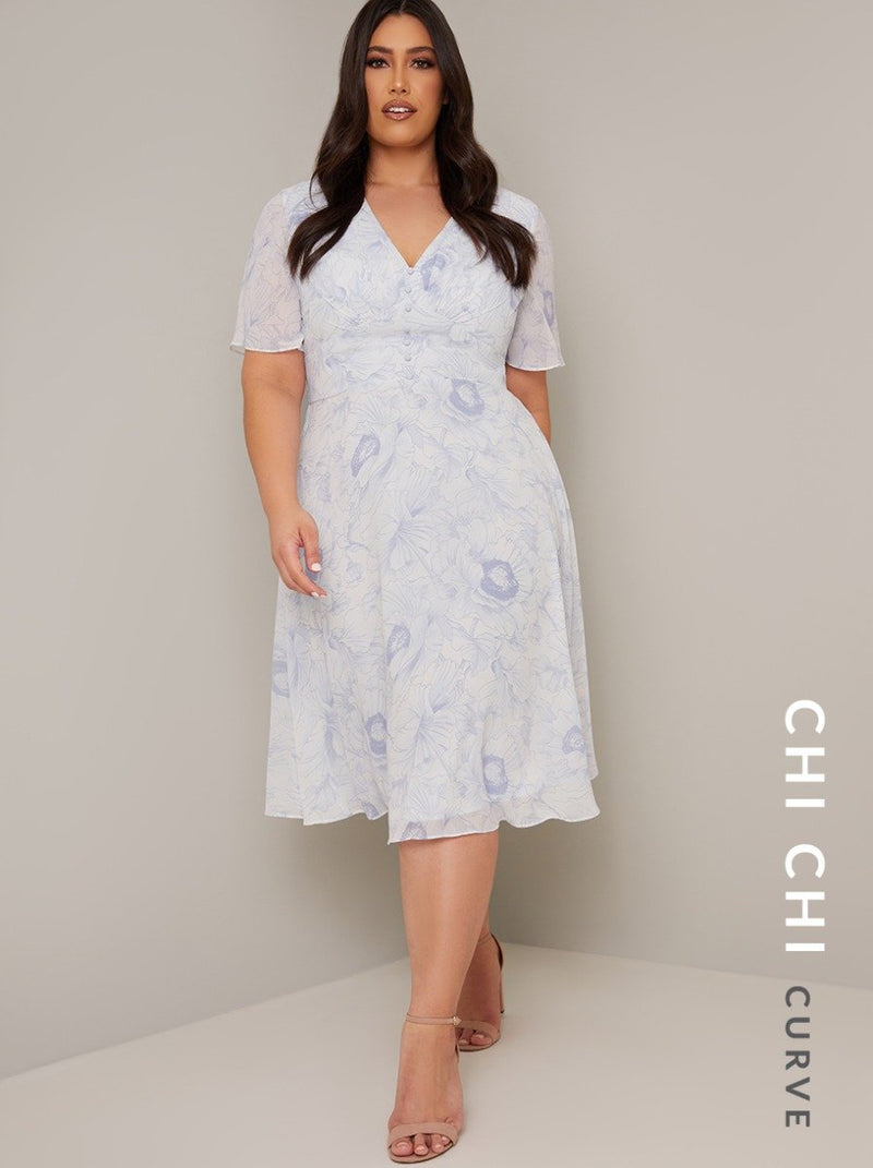 Plus Size Floral Day Dress with Chiffon Sleeve in White