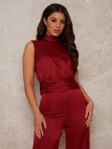 Sleeveless Ruched Satin Hi-Neck Top in Rust