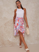 Graphic Print Wrap Detail Midi Skirt in Lilac