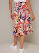 Wrap Style Tropical Print Midi Skirt in Brown