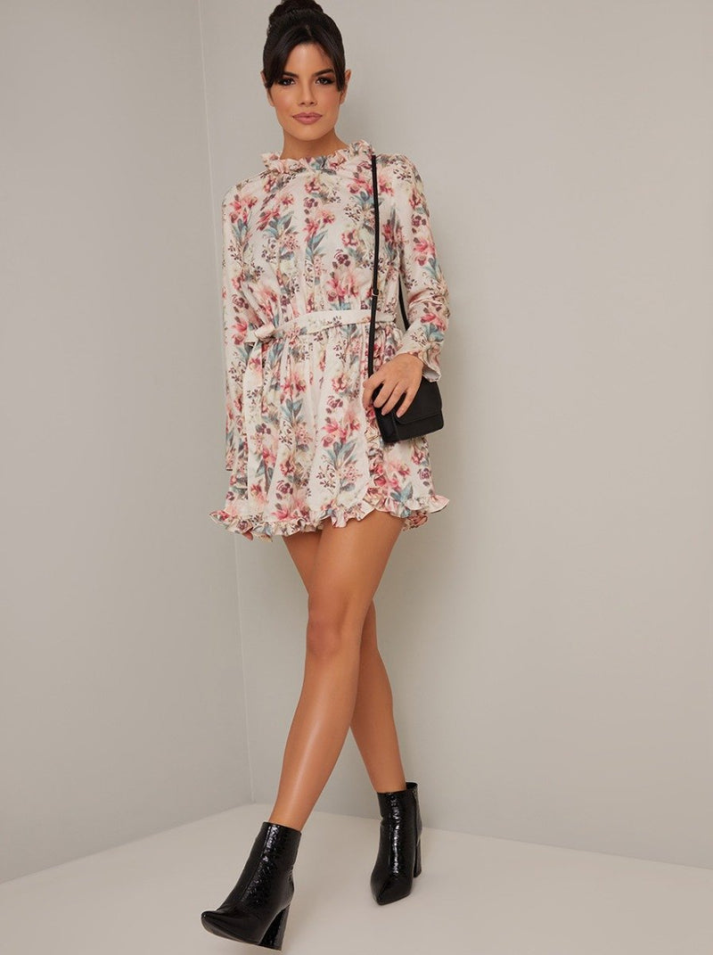 Long Sleeve Ruffle Floral Print Playsuit in Cream