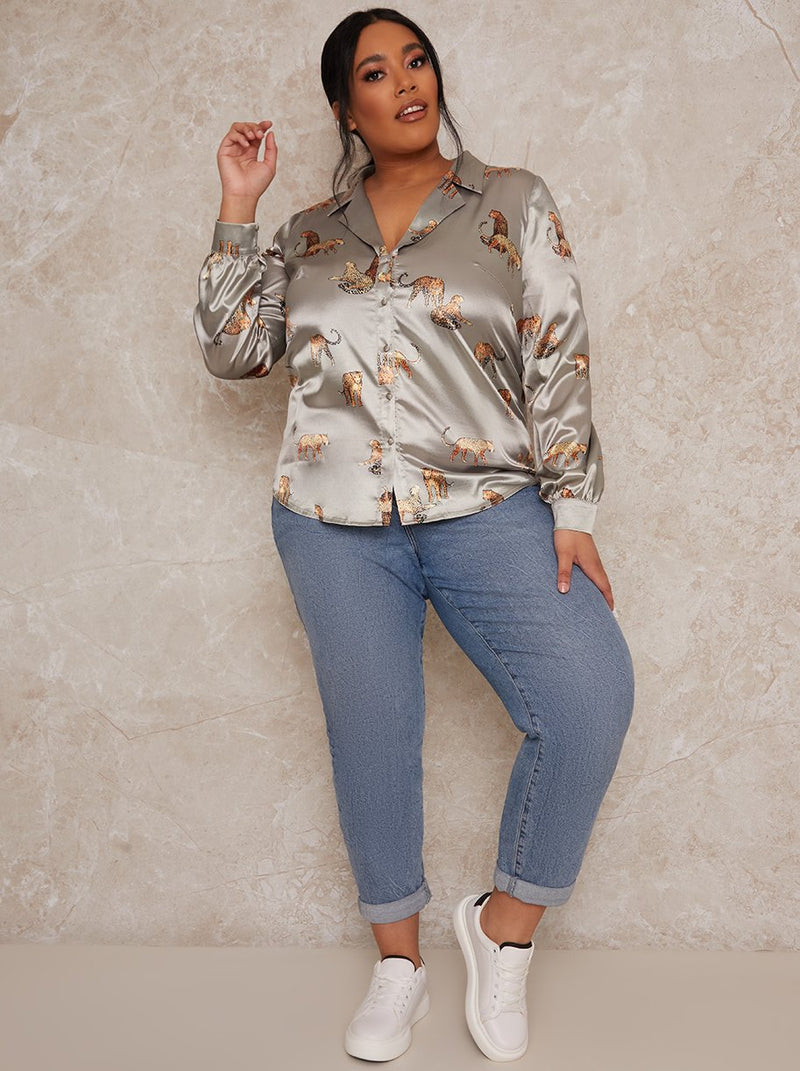 Plus Size Printed Satin Long Sleeve Shirt in Green